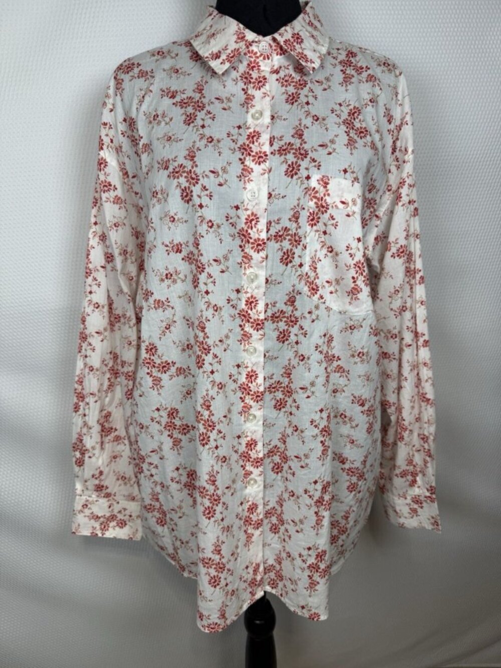 Covington Floral Button Up Shirt Women Large White Red Cotton Voile NWT